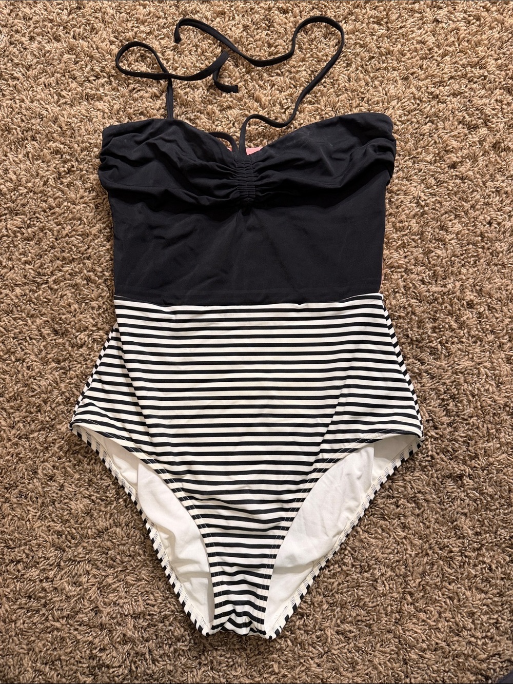 Victoria's Secret Black and White Striped One-Piece Swimsuit with Bandeau Top